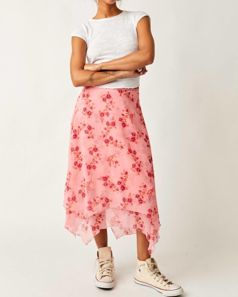 Front of a model wearing a size L Garden Party Skirt in Pink in Pink by Free People. | dia_product_style_image_id:339045